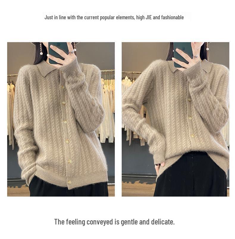Women's Slim Cable Knit Cardigan with Cashmere Collar - Versatile Autumn/Winter Style