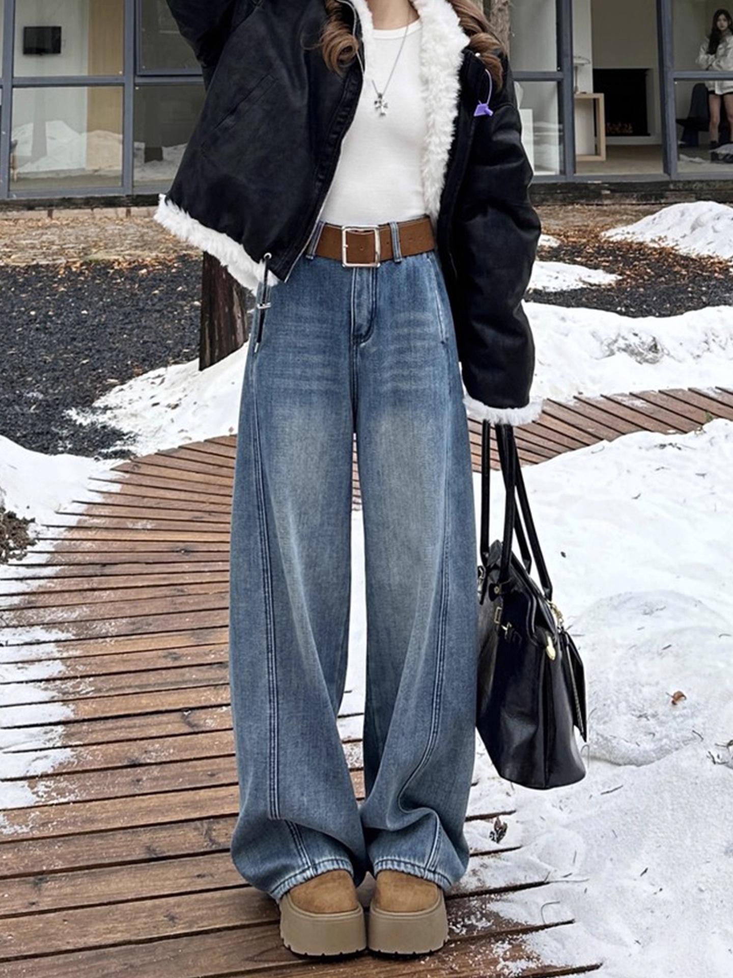

Women s Plus Size Velvet Wide-Leg Jeans - Autumn/Winter Loose Straight Leg Floor-Length Pants 2025 3XL