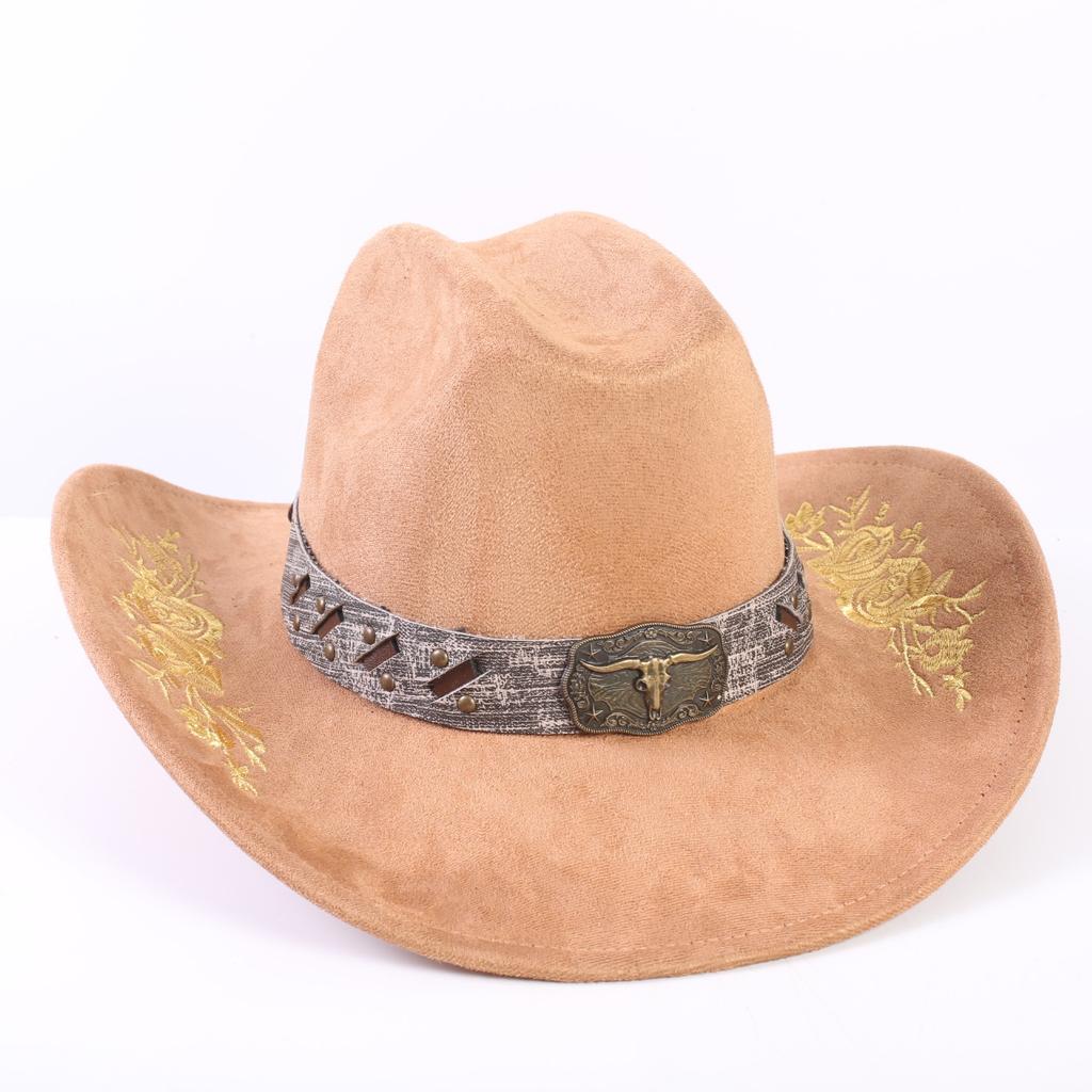Popular European and American Classic Suede Western Cowboy Hat Men's and Women's Big Brim Embroidered Outdoor Sun Hat