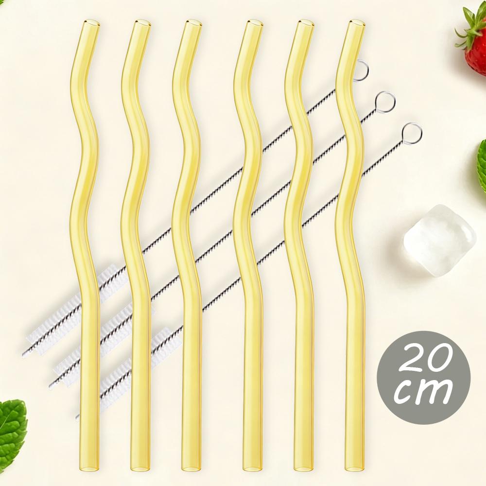 6Pcs Pink 200*8mm Glass Straws Wavy Drinking Straw Set with 3 Brush High Borosilicate Glass Straw Kitchen Party Bar Drinkware