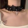 Fashion Solid Color Women Girls Necklace Wide Lace Rivets Lolita Lace Choker Y2K Angel Wings Cool Leather Necklace