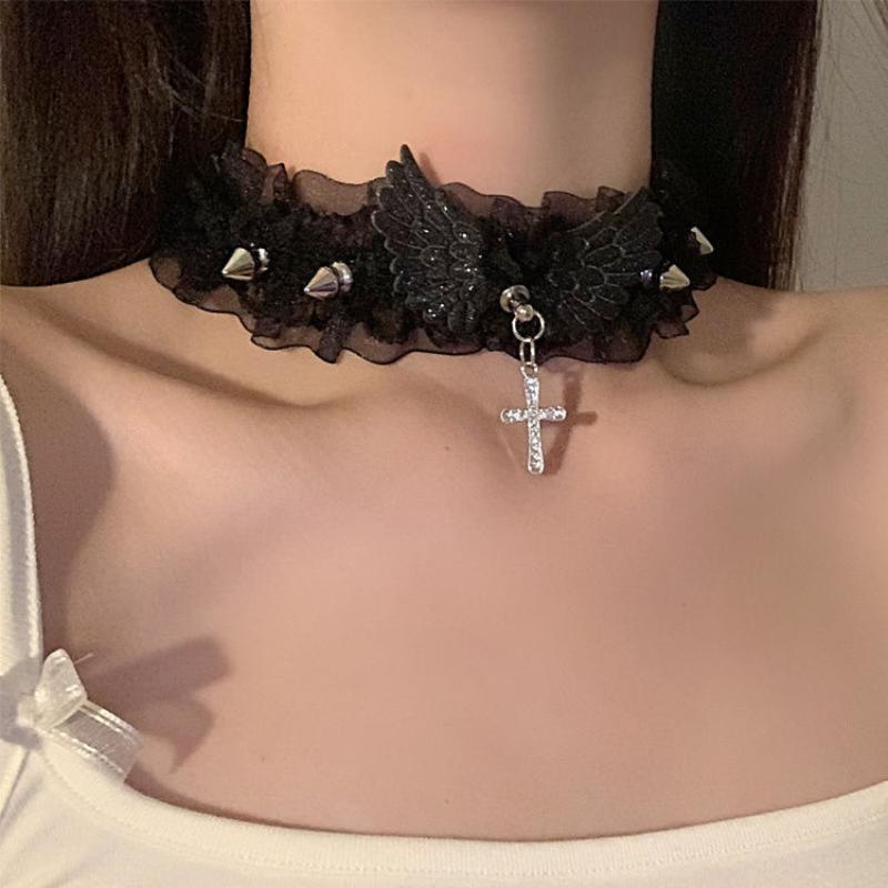 Fashion Solid Color Women Girls Necklace Wide Lace Rivets Lolita Lace Choker Y2K Angel Wings Cool Leather Necklace