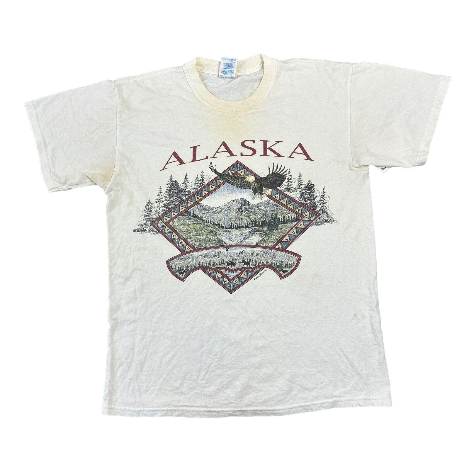 Vintage T-Shirt Mens Womens Tees Top Graphic Print Spell Out Alaska 90s White Mens S