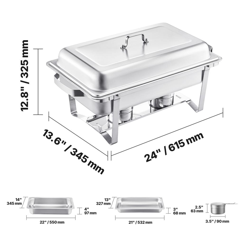 Set di 4 Chafing Dish per Buffet Acciaio Inossidabile Chafer con 2 Teglie Formato Intero e 4 Teglie Mezzo Formato Scaldavivande per Catering