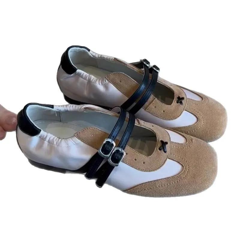 Fashion Leather Version~ Niche Design Sport Ballet Shoes Heightening Double Row Button Mary Janes Color Block Matte Single Shoes