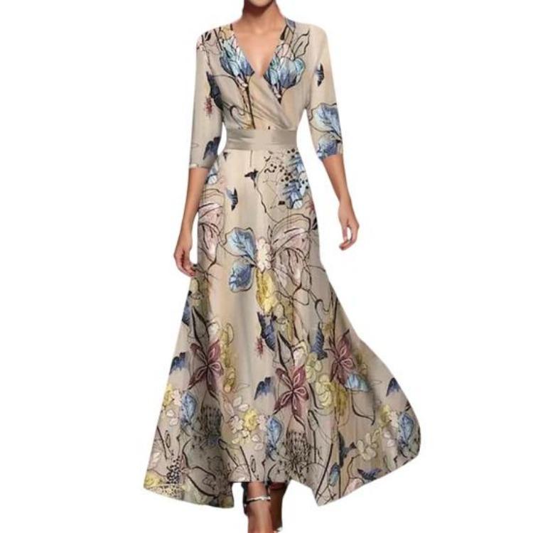 Cross V Neck Three Quarter Sleeves Colorful Print Maxi Long Dress Big Swing A-line Slim Waist for Dating Shopping Banquet Fall Spring