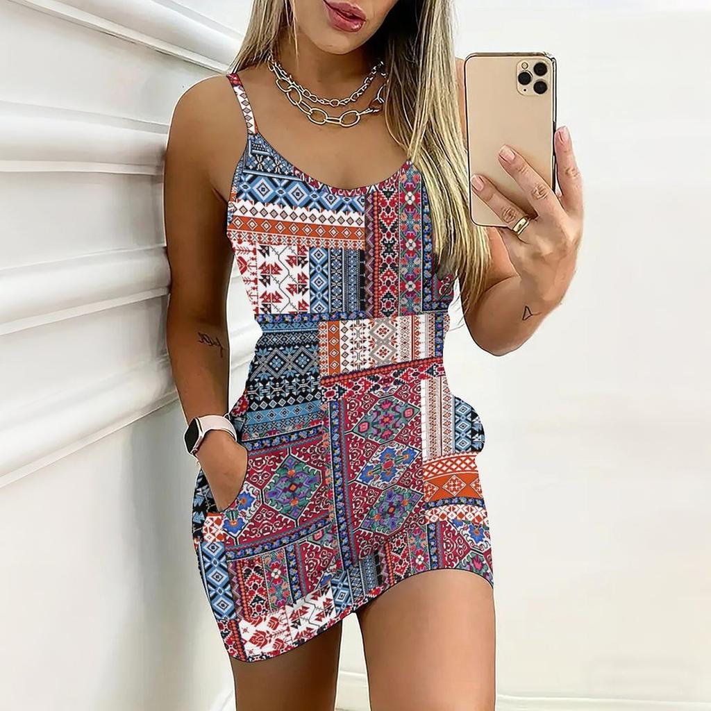 Summer New Retro Patterns and Sunset Patterns Print Sleeveless Bodycon Dress with Pockets Sexy Slim Fit Elegant Party Dress