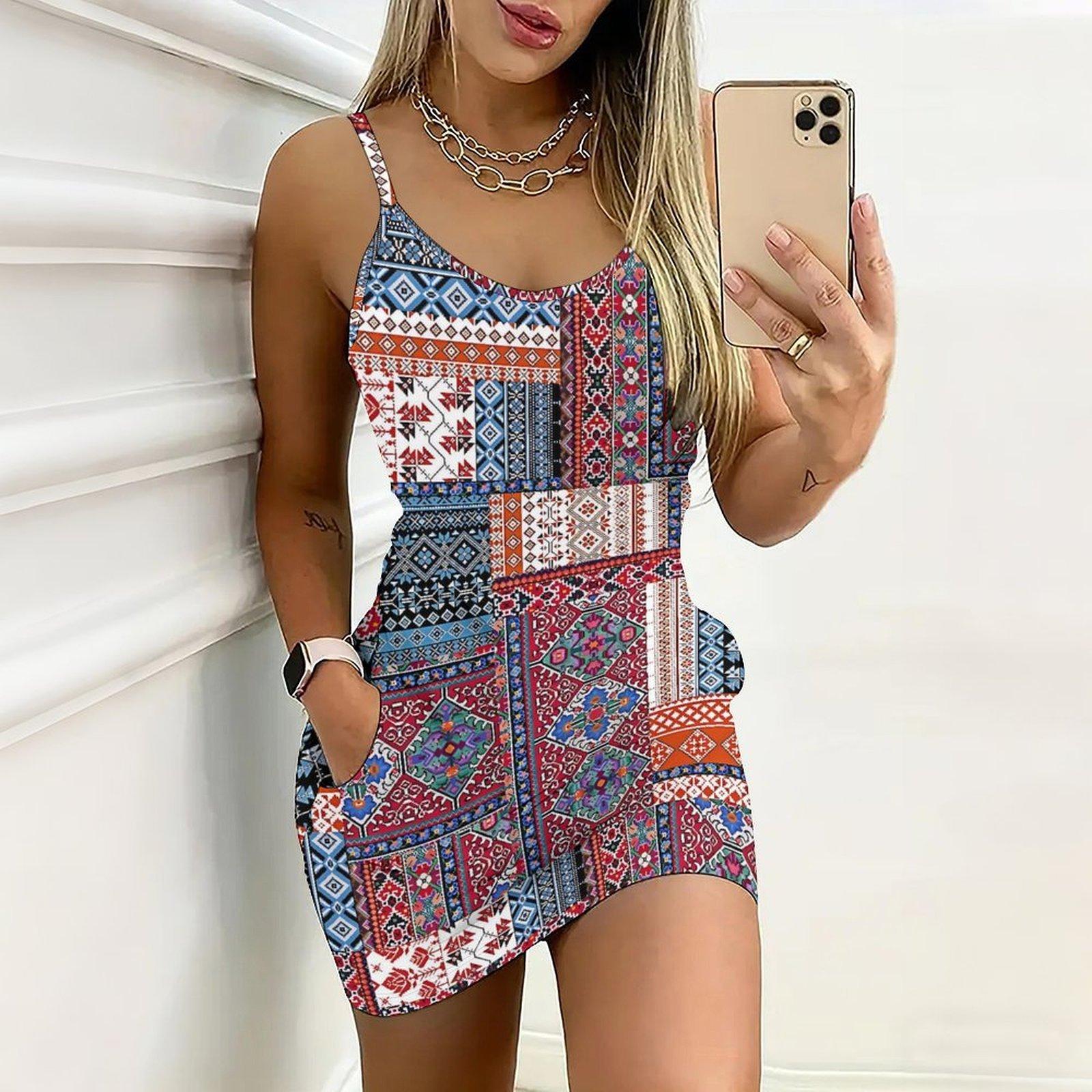 Summer New Retro Patterns and Sunset Patterns Print Sleeveless Bodycon Dress with Pockets Sexy Slim Fit Elegant Party Dress S красный