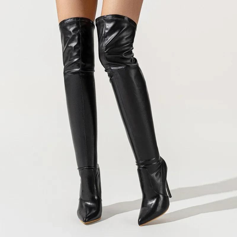 Fashion Eilyken Winter PU Leather Pointed Toe Over-the-Knee Boots Women Thigh High Long Booties Sexy Stiletto Heels Nightclub Prom Shoes