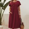 Summer Pockets Casual Dress New Plus Size Solid Color Round Neck Short Sleeve Fashion Party Dress A-line Pleated Loose Slim Elegant Dresses Clothing
