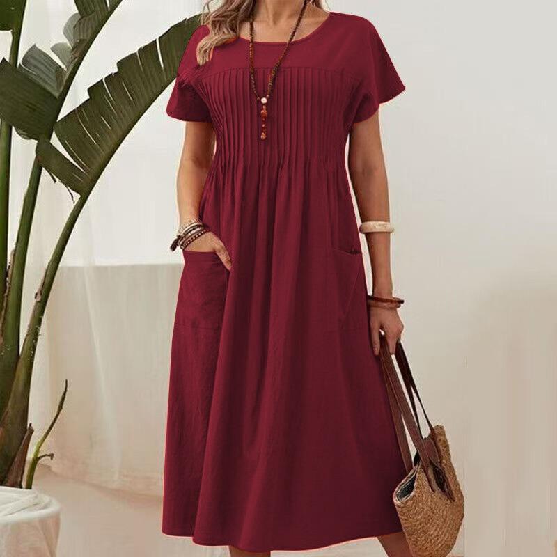 Summer Pockets Casual Dress New Plus Size Solid Color Round Neck Short Sleeve Fashion Party Dress A-line Pleated Loose Slim Elegant Dresses Clothing