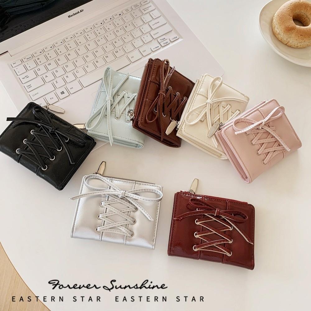 New Folding Coin Purse Portable Zipper Credit Card Holder Strap Bow Mini Wallets Women