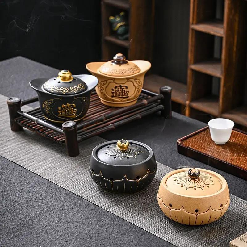 Coarse Ceramic Lotus Shape Incense Burner, Retro Indoor Aroma Rack Chinese Zen Tea, Living Room Decor, Home Fragrance Stove, 1Pc