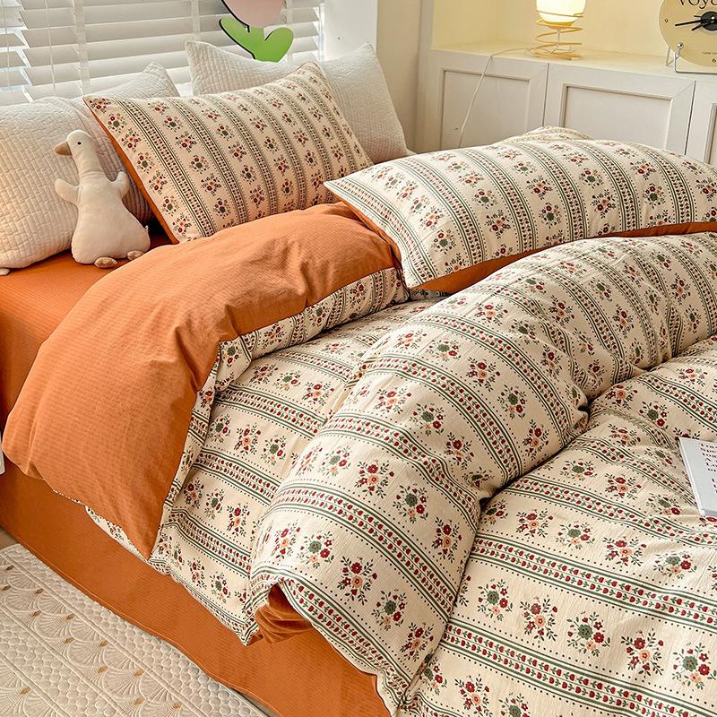 

Class A Maternal And Infant Grade Washed Cotton Bed Four-Piece Set, Small Floral Bed Sheet Quilt Cover, Bed Hat, Student Dormitory 3Pcs Set 150x200cm single quilt