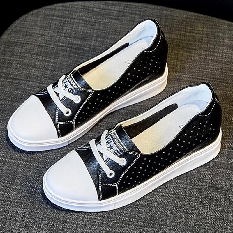 Leather summer heightening white shoes women's summer breathable Internet celebrity versatile hollow shallow mouth one pedal white shoes