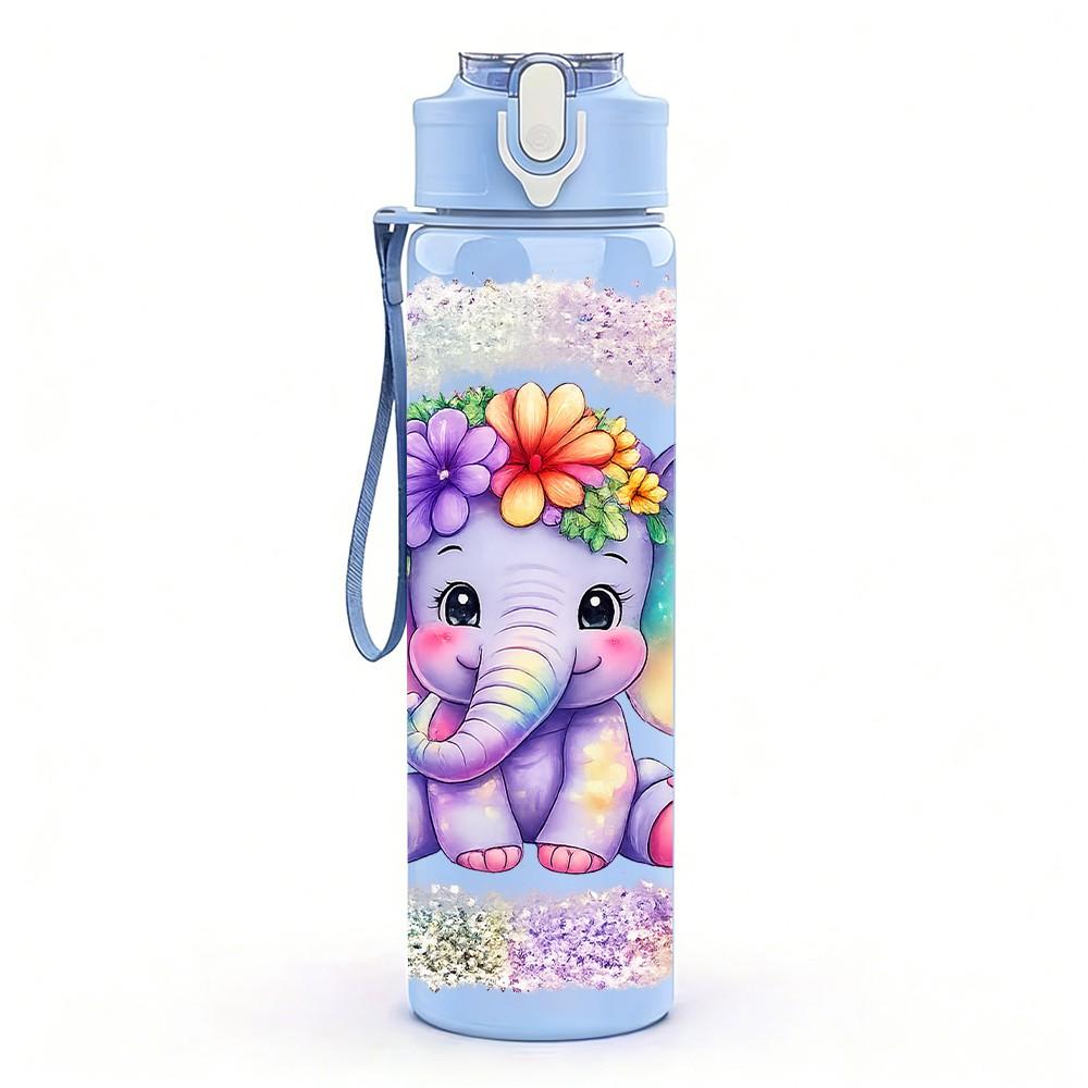 1PC Cute Baby Elephant Cartoon Print 750ml Color Plastic Sports Water Bottle Leakproof Flip Straw Lid Suitable for Sports Office Home Use