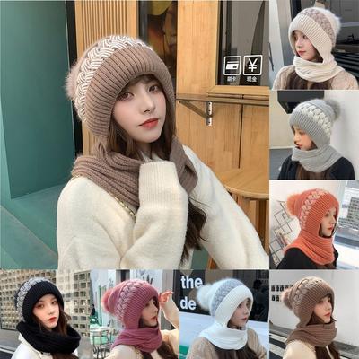 Winter Windproof Integrated Cap Scarf Knitted Warm Beanie Hat Scarf Thickening Soft Neck Warmer Women