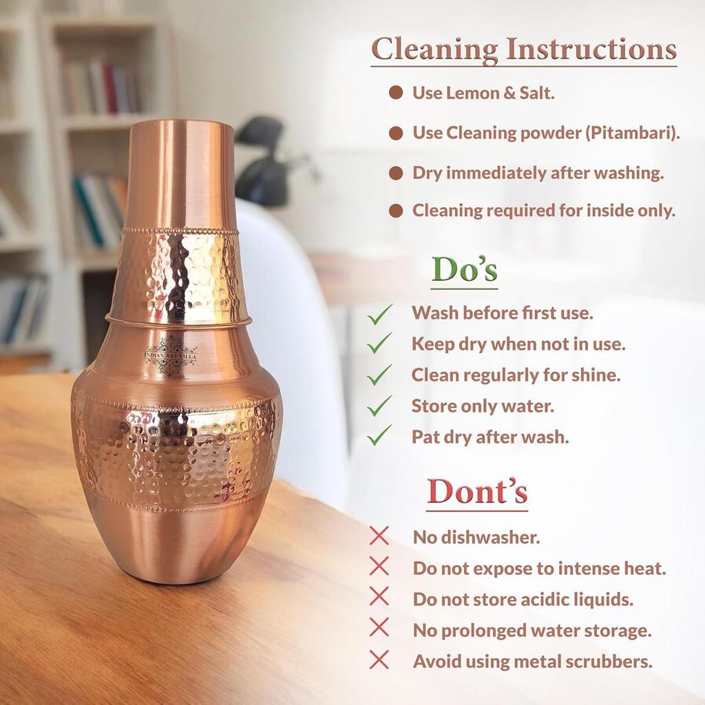 Pure Copper Printed with Health Benefits, Inbuilt Glass, Bedroom Water Bottle for Storage Purpose (Half Hammered Surahi Shape, 1300 ml) Set of 1