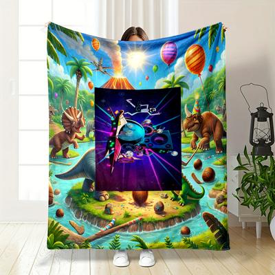 DJ Spaceship with Speakers and Colorful Neon Flannel Blanket for Bedroom, Living Room, Sofa, and Nap Sofas