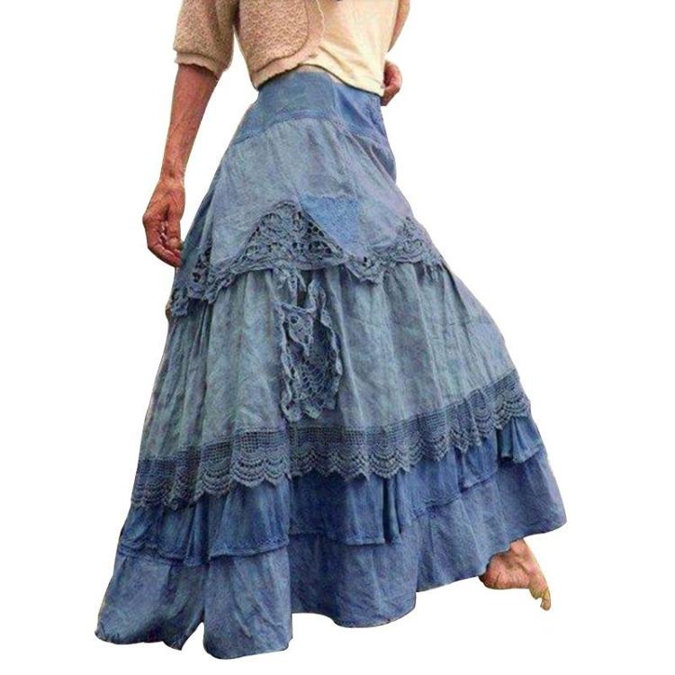 Bohemian Vintage Sukně s vysokým pasem Dámská krajková šitá Velká kolová Splývavá Maxi sukně