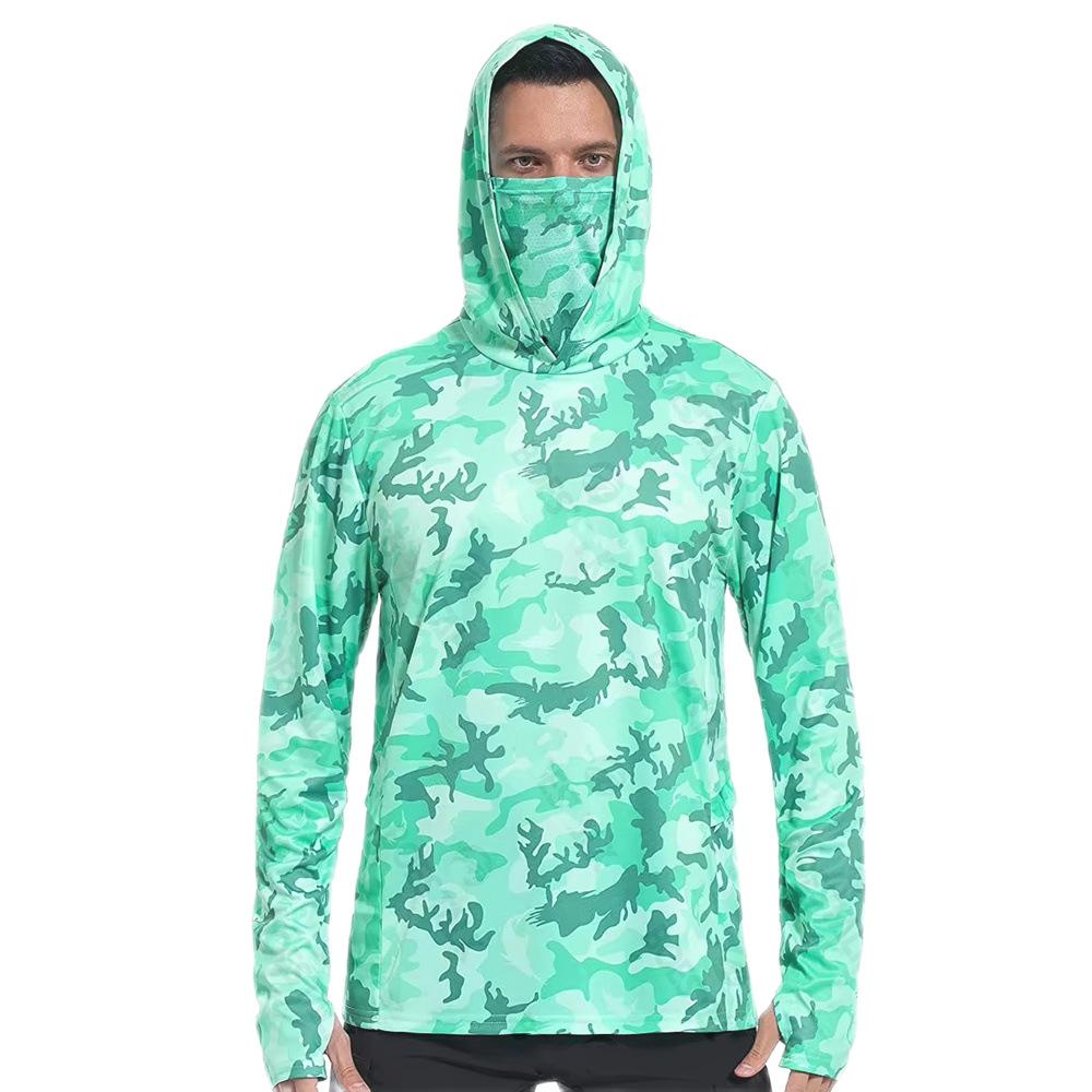 Camouflage hoodie, face mask, one-piece fishing suit, light sunscreen, ice silk feeling, long-sleeved fishing suit, men XXS