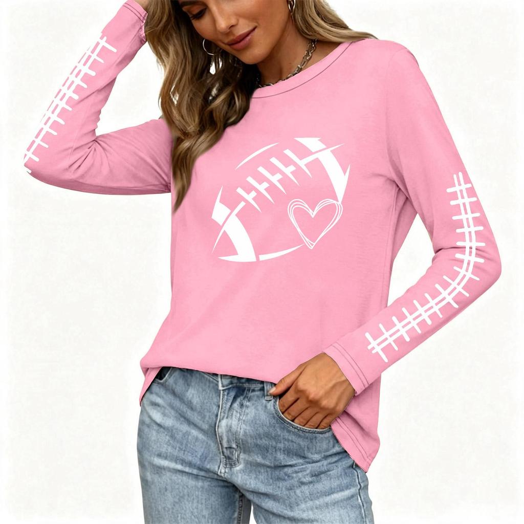 Women's Fashion Long Sleeve Neck Rugby Print Top with Side Split Hem