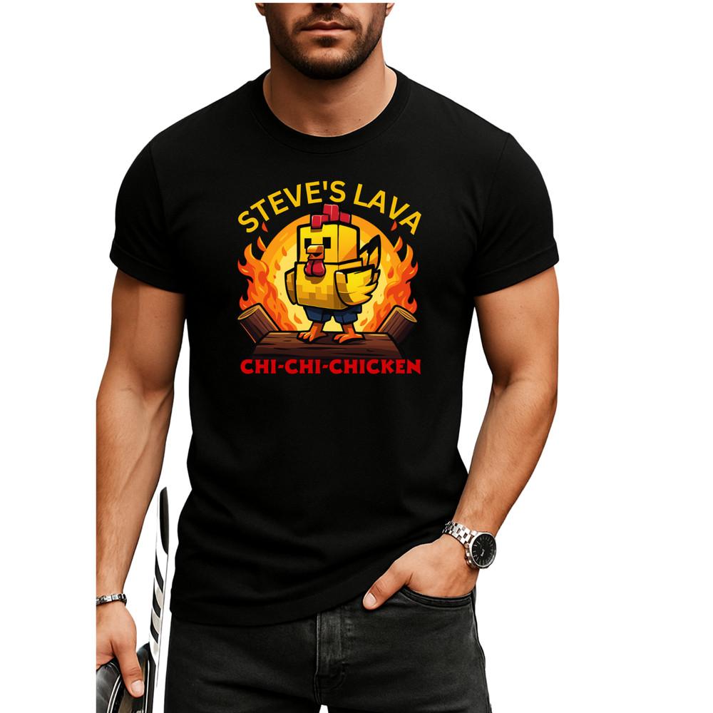 Steve’s Lava Chicken Funny T-Shirt, Pixel Chicken On Fire Gaming Tee