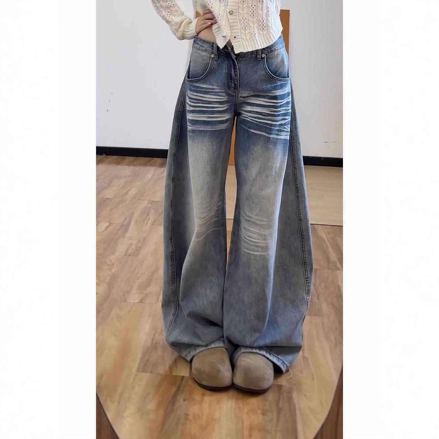 2026 American Style Curved Blade Wide Leg Jeans - Unisex Design, Loose Slimming Fit XS светло-синий