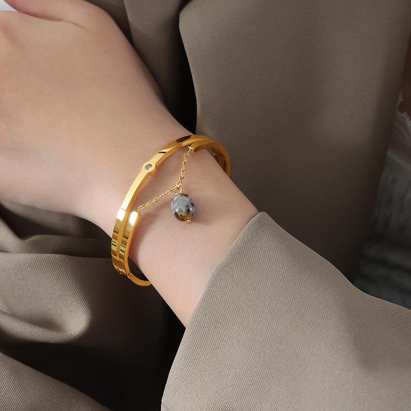 French Chic Double Layer Chain Bracelet with Natural Stone Pendant & Zirconium Titanium Steel.