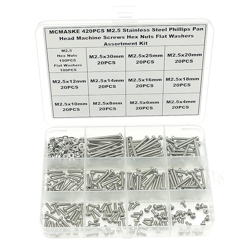 720PCS M2 M2.5 M3 Stainless Steel Phillips Pan Head Machine Screws Nuts Flat Washers Assortment Kit
