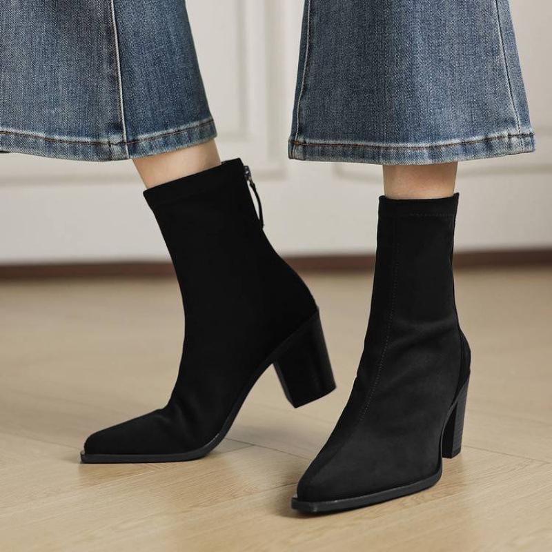 New Rubber Sole Versatile Thin Boots Solid Color High Heel Pointed Large Size Women's Boots Autumn and Winter Square Heel Cowhide Medium Boots