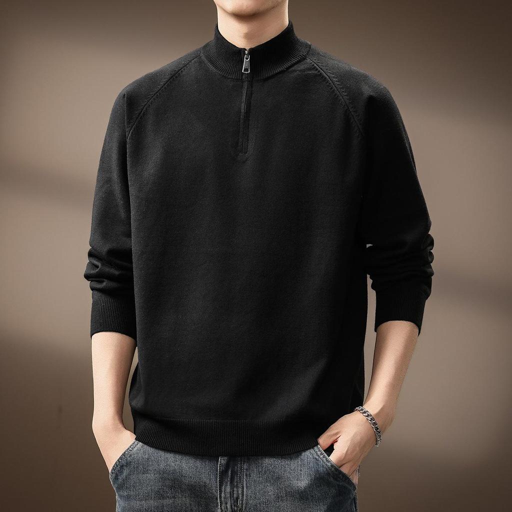 Men's High-End Half-Zip Stand Collar Knit Sweater - Autumn/Winter Korean Style Solid Color Casual Base Layer Top