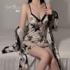 Light Luxury Low-cut Women's Pajamas, Hot Deep V Plus Chest Pad Halter Suspender, Nightdress, Robe, Large Size Set.