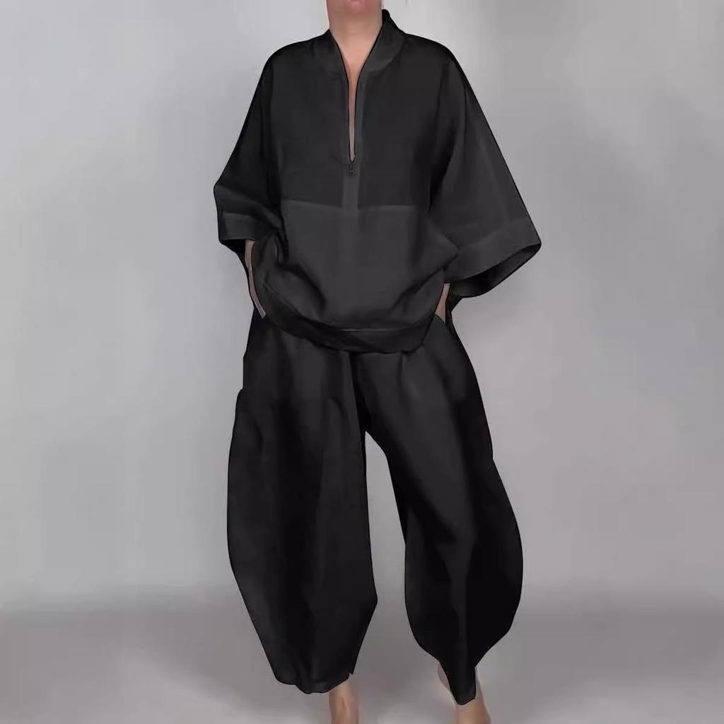 2024 Women's Autumn Loose Casual Half-Zip Top & Bloom Pants Set