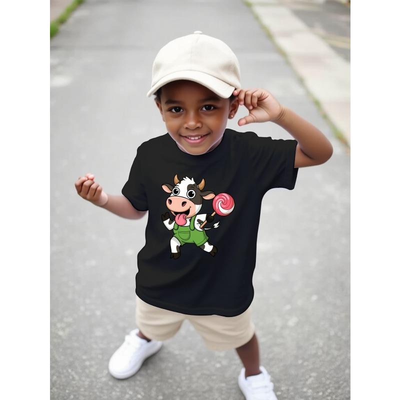 European Size Boys Round-neck Short-sleeved T-shirt with Cartoon Cow Holding Lollipop Pattern Print