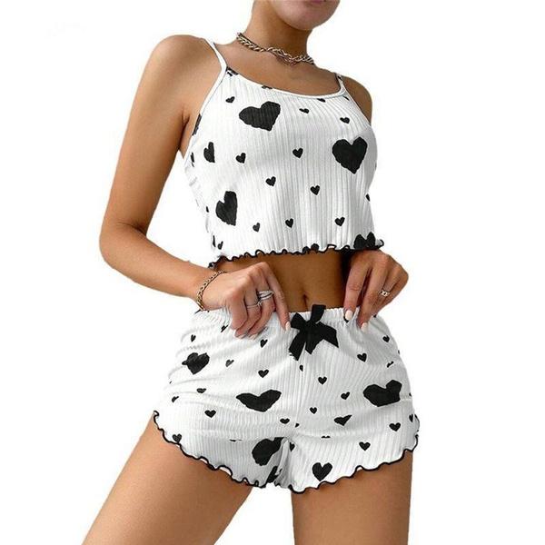 Fashion Women Pajama Sets Love Print Sleeveless Top Shorts 2 Piece Sleepwear Casual Fashion Nightwear Femme Pyjamas Tops Pants Suit