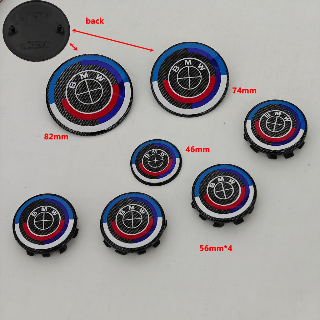 MLKQ6 Carbon Fiber Black Logo Front Hood Emblem 82mm+Rear Badge 74mm+Wheel Hub Cap 68mm/56mm+steering Wheel Sticker 45mm for All BMW