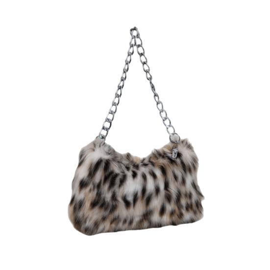 Leopard Print Fluffy Tote Ladies Faux Fur Shoulder Bag Furry Purse Fuzzy Handbag with Metal Chain Strap for Date Winter Daily Commute Party