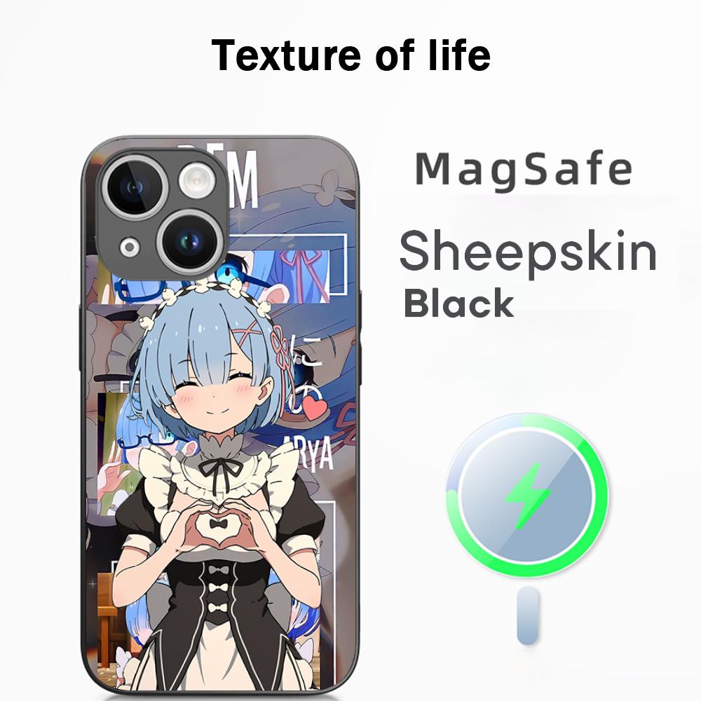 Coque de téléphone motif anime classique fille mignonne Re zero Pour iPhone 17 16 15 14 13 12 Plus Pro Max Haut de gamme Luxe Magsafe Peau de mouton