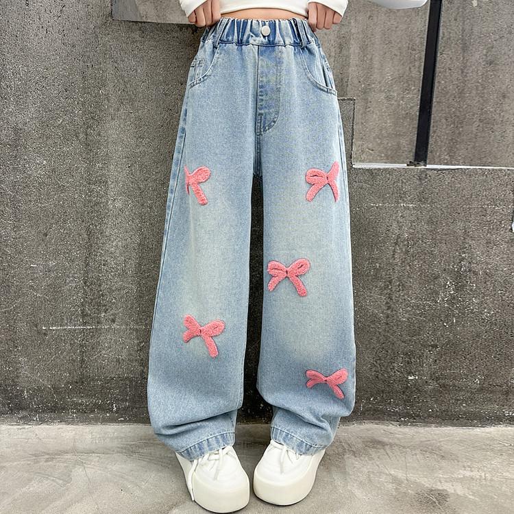 

Весенние и осенние детские джинсы прямого кроя с вышивкой бантом, повседневные, для подростков, готические, с широкими штанинами, Y2K, джинсовые брюки, детские уличные джинсы 130 розовый