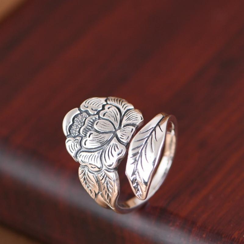 Buyee 925 Silver Big Ring Finger Peony Open Ring for Women Fashion Flower Fine Jewelry Circle Gift