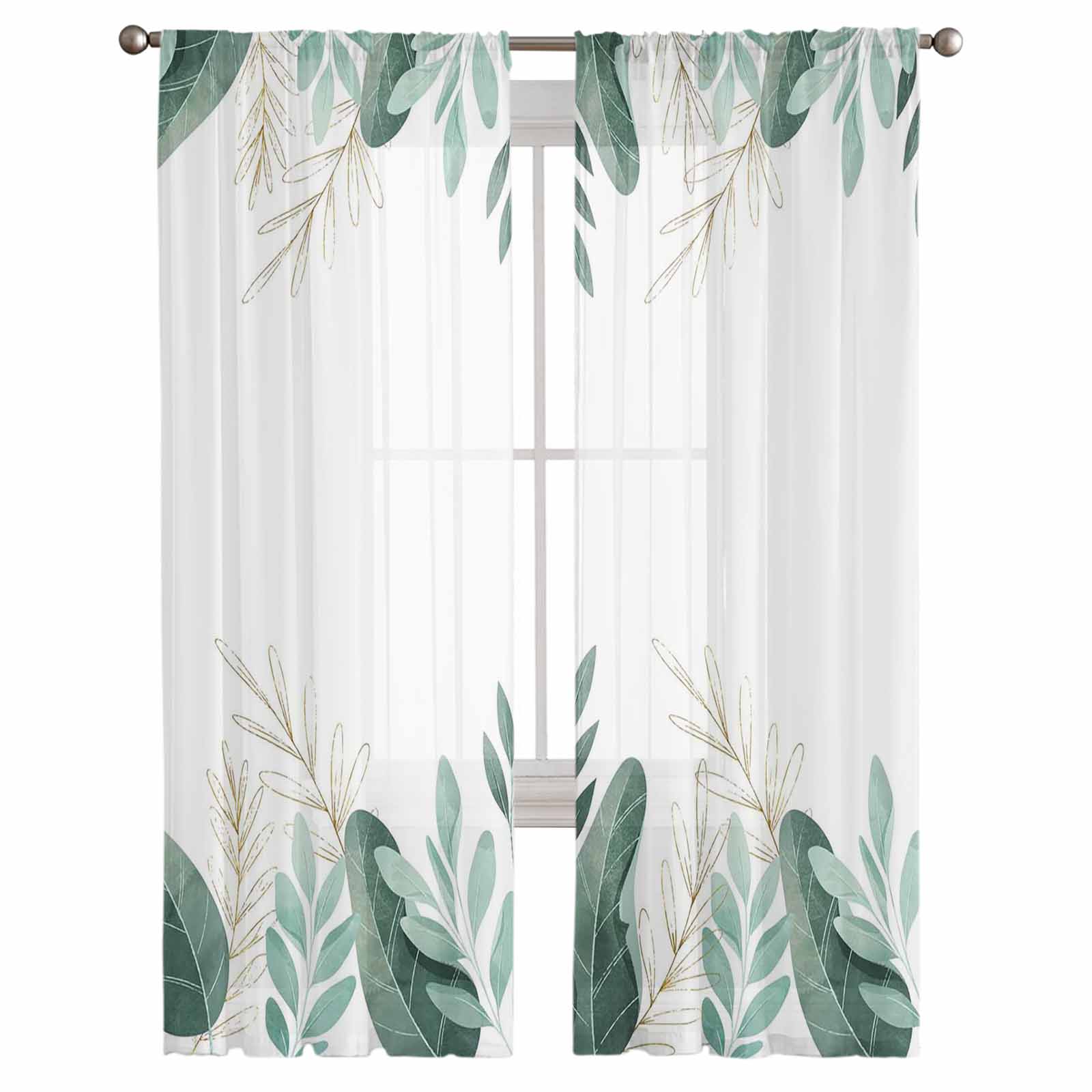 

Прозрачные оконные шторы с зелеными тропическими растениями и листьями для гостиной, кухни, детской спальни, вуаль, подвесная занавеска 135W x 114H(cm)