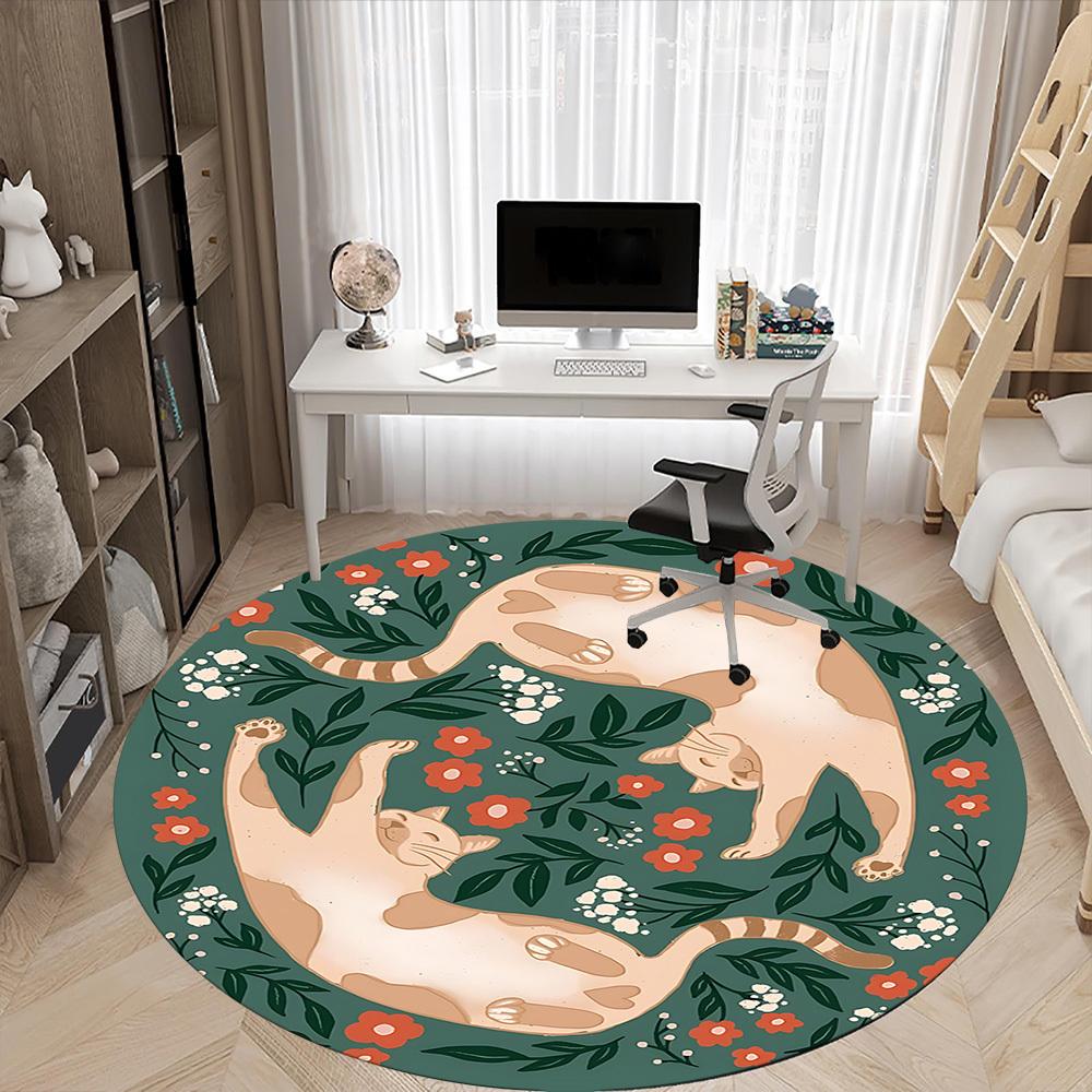 1pc Floral Cats Office Round Area Rug, Mat Suitable For Office, Under Office Chairs Bedroom Living Room Home Decor, Room Deco