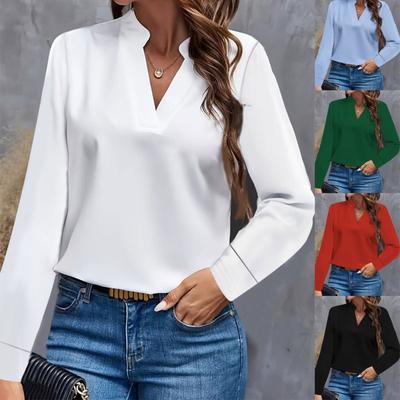 Women's Fashion Casual Solid Color Print Long Sleeve V Neck Blouses & Shirts
