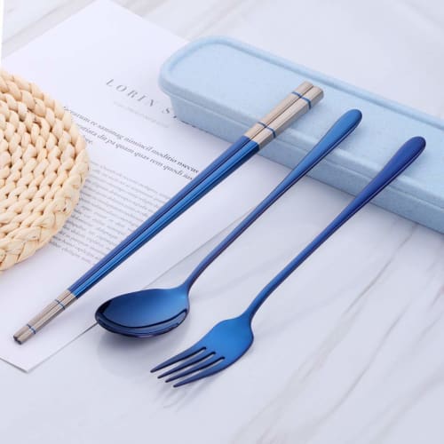 Do Buy Trio Set: Chopsticks, Spoon, and Fork, 3-Piece Set, Made of 18-8 Stainless Steel with a Stylish Wheat Container, 23cm Laser Chopsticks, Titaniu