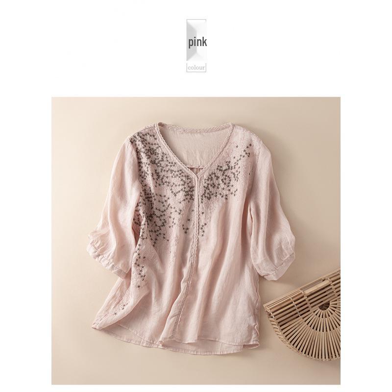 2026 Women s Loose V-Neck Ramie Shirt with Star Embroidery L