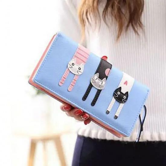 Damen Portemonnaie Abriebfestes Leder Portemonnaie Niedliche Katzen Kartenhalter Handy Tasche Lange Clutch Münzbörse Für Kinder Mädchen