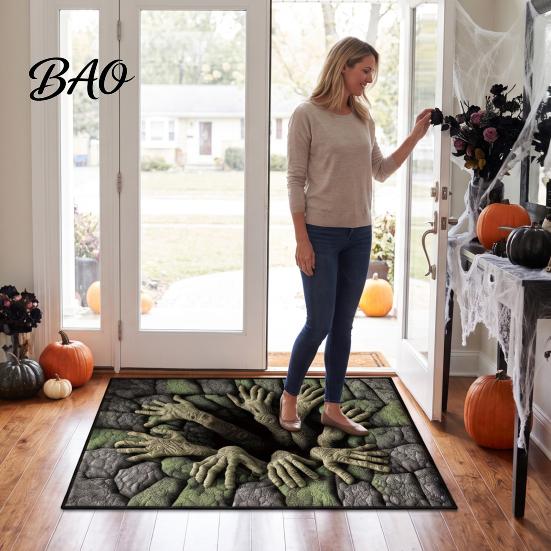 3D Optical Illusion Rug Skeleton Halloween Rug, Spooky Entrance Depth Soft Crystal Velvet Carpet Pattern Non-Slip Floor Mat for Living Room
