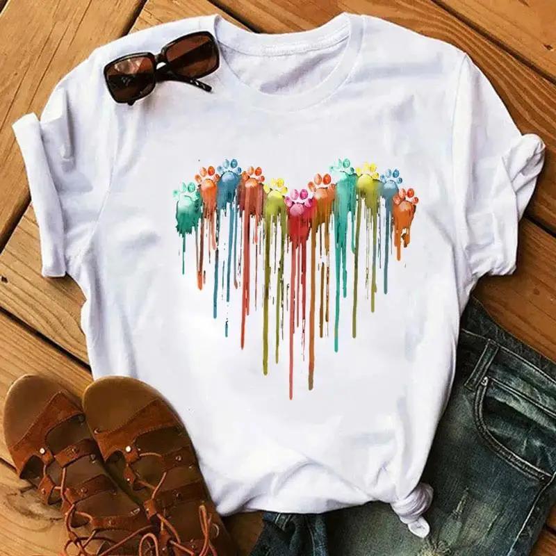 Cartoon Colorful Heart Dog Paw Graphic Print Unisex T Shirt 90s Fashion Casual Women Unisex Short Sleeve Plus Size Unisex T Shirt Unisex