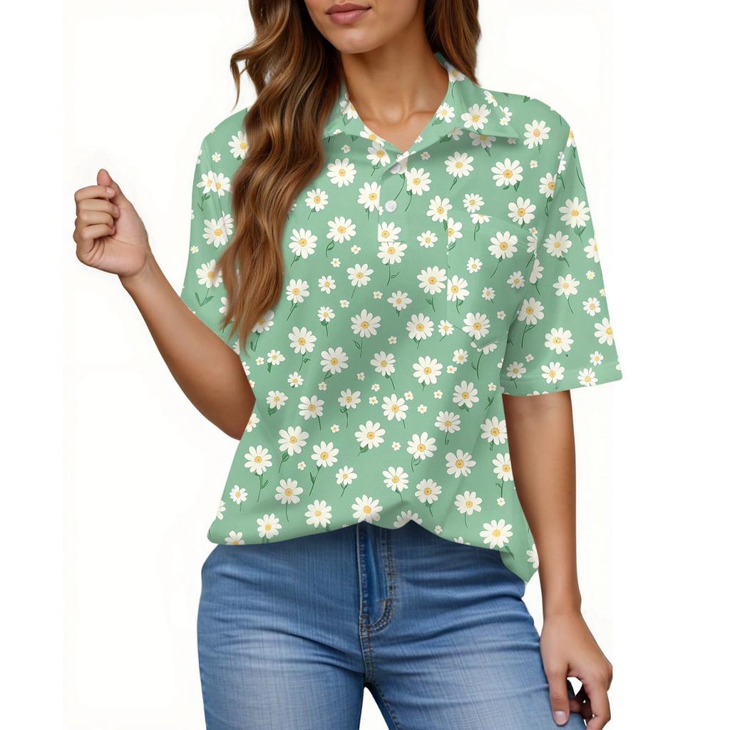Women's Fashion Casual Button Pocket Shirt Short Sleeve Print Lapel Top
